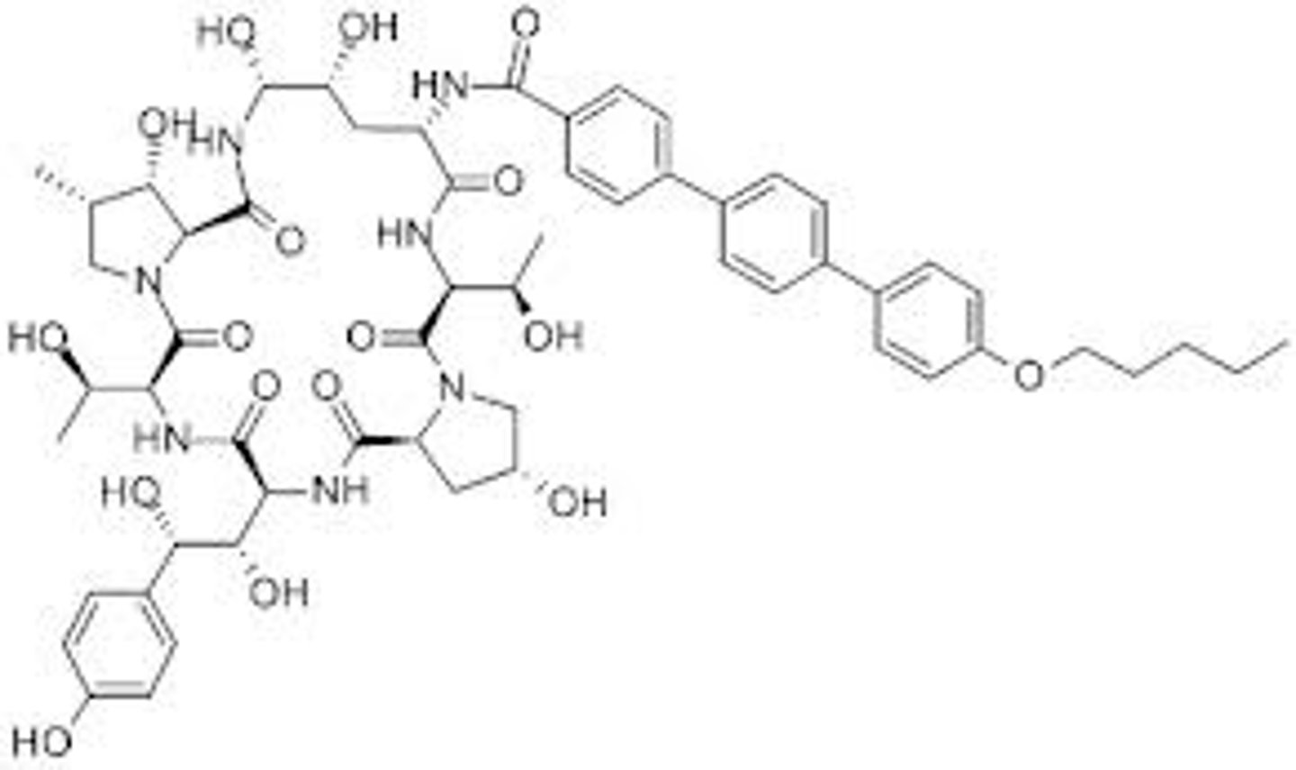 <p>echinocandin that is used for systemic and esophageal candidiasis</p>