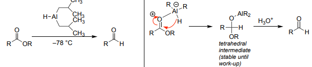 <ul><li><p>Esters → <strong>aldehydes</strong> (controlled low temp).</p></li><li><p>Excess/warm → alcohols.</p></li><li><p>Nitriles → aldehydes (via imine).</p></li><li><p>Temperature-sensitive.</p></li></ul><p></p>