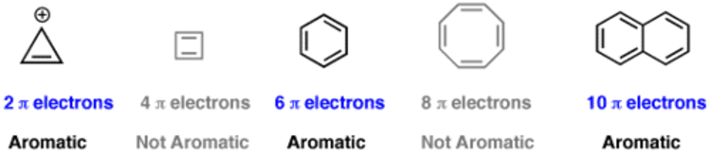 <p>If a compound has planar, monocyclic rings with 4n+2 pi electrons (n being any integer, including 0), it is by definition an aromatic compound.</p><p>pi electrons must be continuous</p>