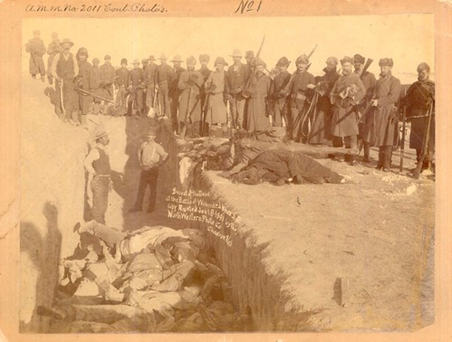 <p>The last major armed conflict between the Lakota Sioux and the United States. On December 29, 1890, five hundred troops of the U.S. 7th Cavalry, surrounded an encampment of Lakota Sioux with orders to disarm the Indians and escort them back to the railroad for transport to Omaha, Nebraska. Shooting broke out near the end of the disarmament, and accounts differ regarding who fired first and why. By the time it was over, twenty-five troopers and one hundred and fifty-three Lakota Sioux lay dead, including sixty-two women and small children. Many of the dead on both sides may have been the victims of "friendly fire" as the shooting took place at point blank range in chaotic conditions.</p>