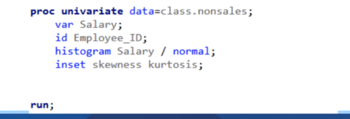 <p>specifies that you want a histogram, and what variables to include<br>(histogram salary / normal;)</p>