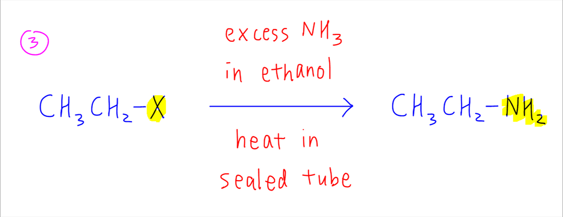 <ul><li><p>Nucleophilic substitution</p></li><li><p>NH3 in ethanol</p></li><li><p>Heat under pressure</p></li></ul>