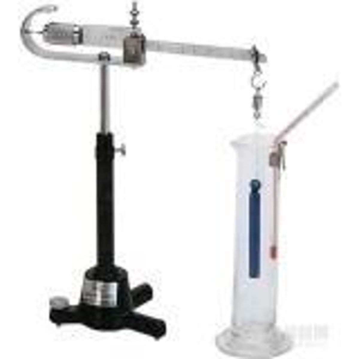<p>It is used for determining the specific gravity of liquids by measuring the buoyant force on a submerged plummet.</p>