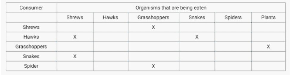 <p><span style="font-family: Lato Extended, Lato, Helvetica Neue, Helvetica, Arial, sans-serif">The next questions are based on the following table of organisms in an ecological community.&nbsp; The X in a cell indicates that the organism is eaten by the consumer in the first column.</span></p><p><span>Which of the following categories of organisms, which are required for the cycling of matter in an ecosystem, is missing from the table?</span></p>