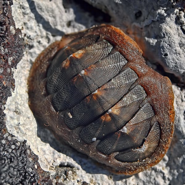 <p>chitons<br>common in rocky shore in intertidal and subtidal zones<br>distinguished by having 8 hard calcium carbonate plates surrounded by a tough mantle<br>feed on algae that they remove with the radula<br>while they appear firmly attached to the rock, they actually move around<br>eyes can distinguish shapes</p>