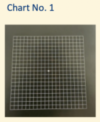 <ul><li><p>Standard chart</p></li><li><p>5mm squares</p></li><li><p>Central white fixation target </p></li><li><p>Each square subtends 1 degree when held at 30cm</p></li><li><p>white on black more sensitive than black on white </p></li></ul><p></p>