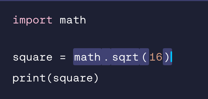 <p>We state the module name, followed by the method name and the data we are accessing/modifying. For example, math.sqrt(16)</p>