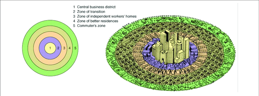 <p>a model describing urban land uses as a series of circular belts or rings around a core central business district; <span>that </span>mobility <span>is directly related to </span>land value<span>. By mobility, we mean the number of people who pass by a given location on an average day. The greater the number of people who pass by, the more opportunities there are to sell them products, which means that more profit will be made there.</span></p><p>creator: <span>Ernest Burgess</span></p>