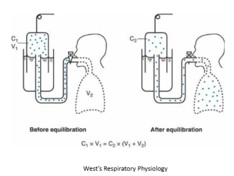 <ul><li><p>Gas (e.g. helium, virtually insoluble in blood) dilution technique using a known concentration of helium - determine FRC</p></li></ul><p></p>