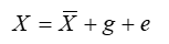 <p>their genetic and environmental contribution.</p><ul><li><p>X is the value of the trait for an individual member of a population</p></li><li><p>X bar is the population mean for the trait</p></li></ul><ul><li><p>g is the genetic deviation of the individual</p></li><li><p>e is the environmental deviation of the individual</p></li></ul><p></p>