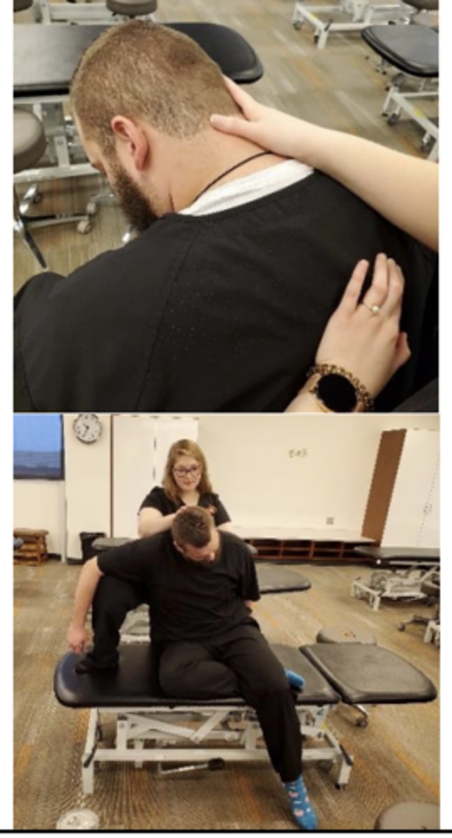 <p>f SARA</p><p>knee up on same side of tenderpoint &amp; push knee forward</p>