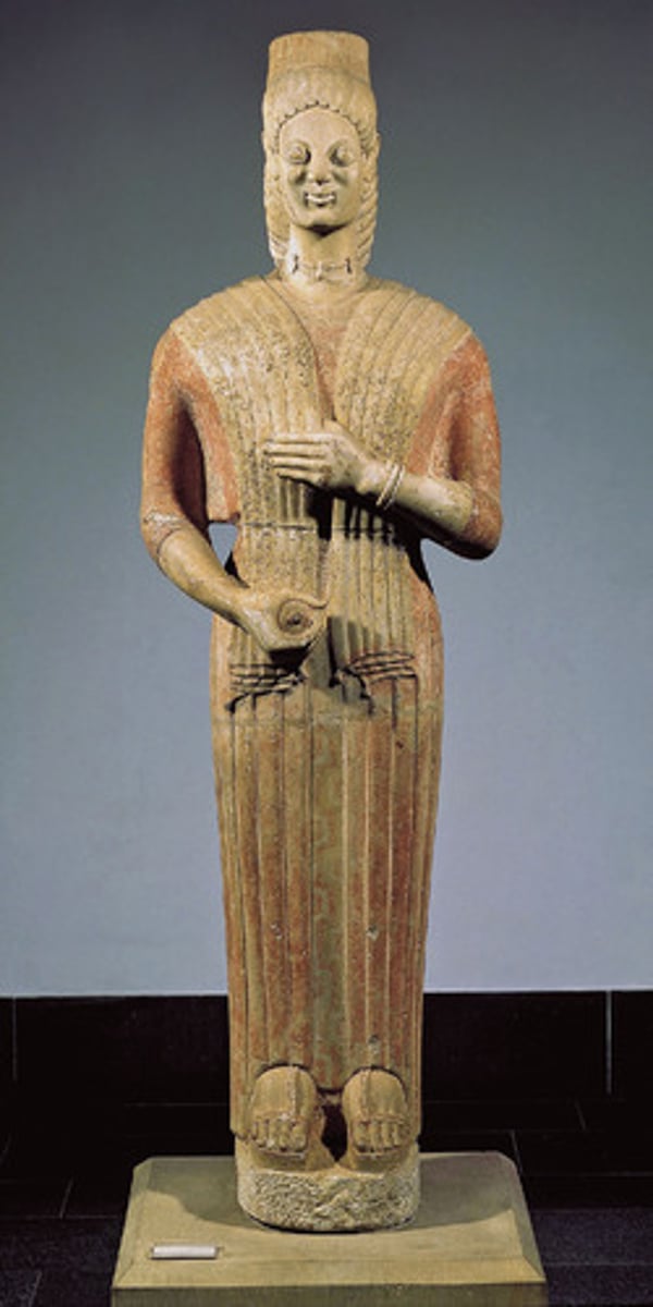 <p>Height: 1.93m<br>Date: 570-560 BC<br>Material: Found covered in lead, marble<br>Location: Found in Attica, now located in Berlin</p>