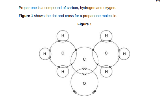 <p>Complete Figure 2 to show a propanone molecule. Use a line to represent each single bond. Use Figure 1.(1)</p>