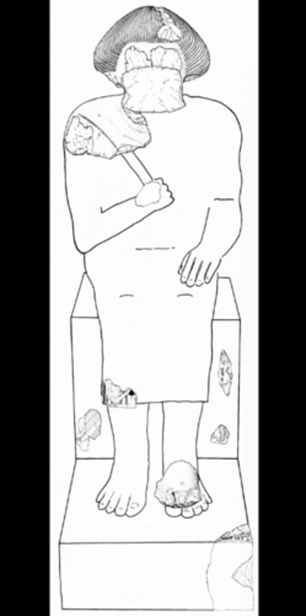 <p>- Not an Egyptian</p><p>- Mushroom hair</p><p>- Similar mushroom hair to that seen on person being smited by king in a princess's pectoral</p><p>- Clothing style</p><p>- Patterning of paint on the clothing resembles the clothing of Adriatics in Egyptian artwork, not - Egyptian clothing</p><p>- Person holding foreign object (throw stick (very emblematic of the Adriatics for the Egyptians))</p><p>- Explicitly emphasizing that this person in an Adriatic</p><p>- Clearly a mix of Egyptian and not Egyptian traditions and iconography</p><p>- Clearly deliberately smashed and fragments spread out in cemetery</p><p>- Statue from a tomb in Ebla (Levant) looks really similar to this statue</p>