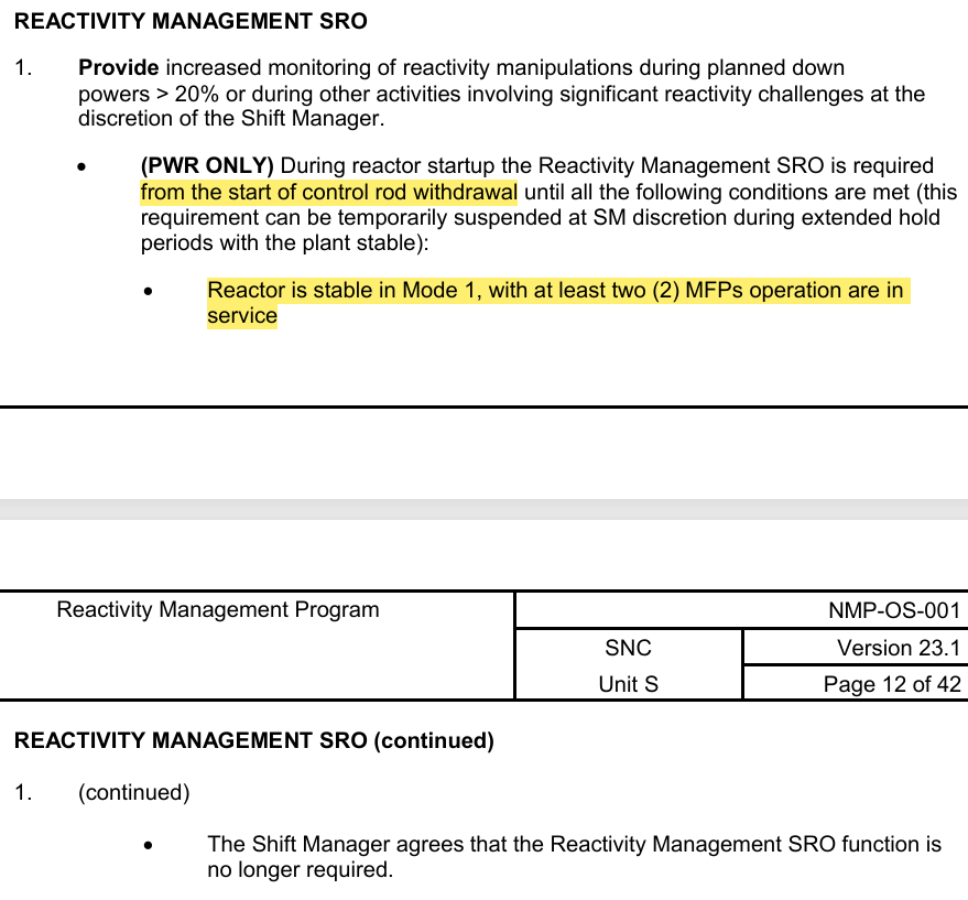<p>Additional not pictured:</p><p><strong>Remain </strong>in the “At the Controls Area” with <strong>NO other responsibilities</strong></p><p>RMP provided by Engineering:</p><p><strong>SM Approved</strong></p><p><strong>SS Reviewed</strong></p>