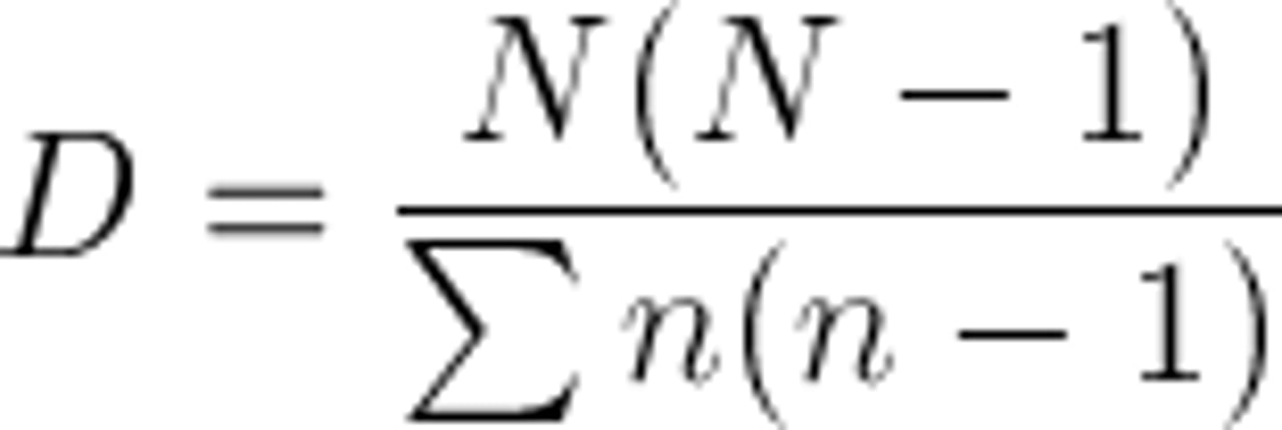 <p>Where n = the total number of organisms for a single species and N = total number of organisms in the community.</p>