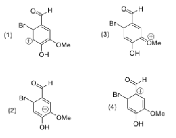 <p>Which resonance form, for the intermediate in bromination of vanillin at the 6 position, is the least stable?</p>