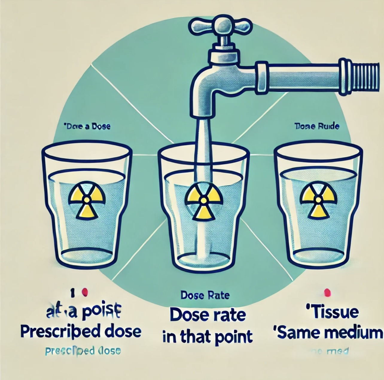 <p><span>Think of it like filling a glass of water:</span></p><p><span>1. Dose at a Point – How much water you need (prescribed radiation dose).</span></p><p><span>2. Dose Rate at That Point – How fast the faucet flows (rate of radiation delivery).</span></p><p><span>3. Same Medium – Make sure it’s the right glass (dose and dose rate must be in tissue). </span></p><p></p>
