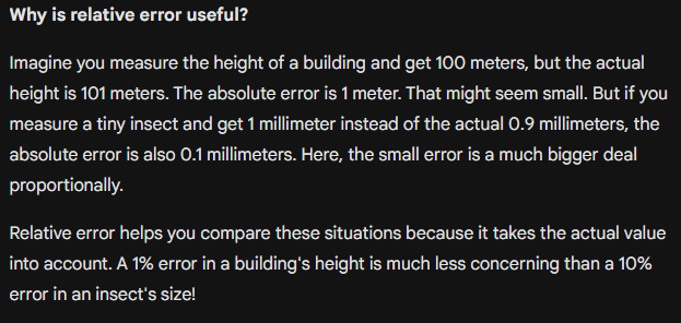 <p>A percentage proportionally describing the difference compared to the absolute error simply just providing the numbers.</p>