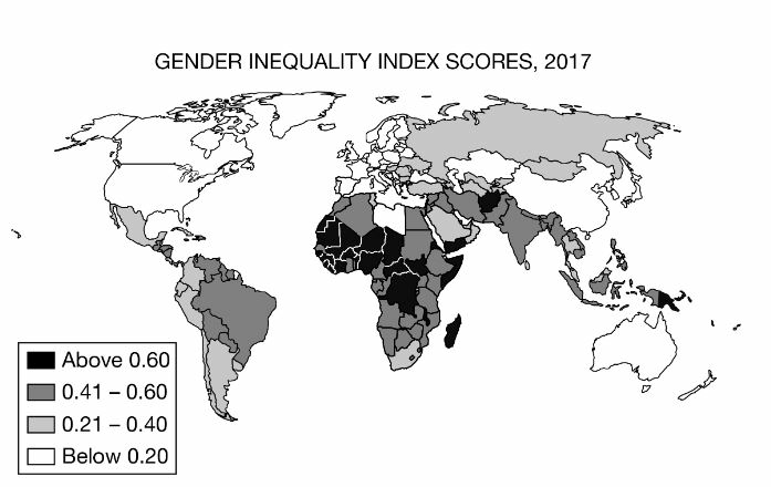 <p><span>In a number of countries there remains significant inequality between men and women. Based on a comparison of the patterns on the map, which of the following statements draws an accurate conclusion?</span></p><ul><li><p><span>a. Women in Russia have more equality with men than do women in China.</span></p></li><li><p><span>b. Women in India have more equality with men than do women in other Asian countries.</span></p></li><li><p><span>c. Women in South Africa have less equality with men than do women in Brazil.</span></p></li><li><p><span>d. Women in Libya have more equality with men than do women in other African countries.</span></p></li><li><p><span>e. Women in Australia have less equality with men than do women in China.</span></p></li></ul>