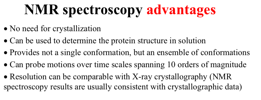 <p>NMR spectroscopy advantages:</p><ul><li><p>Can probe motions over time scales spanning…</p></li></ul><p></p>
