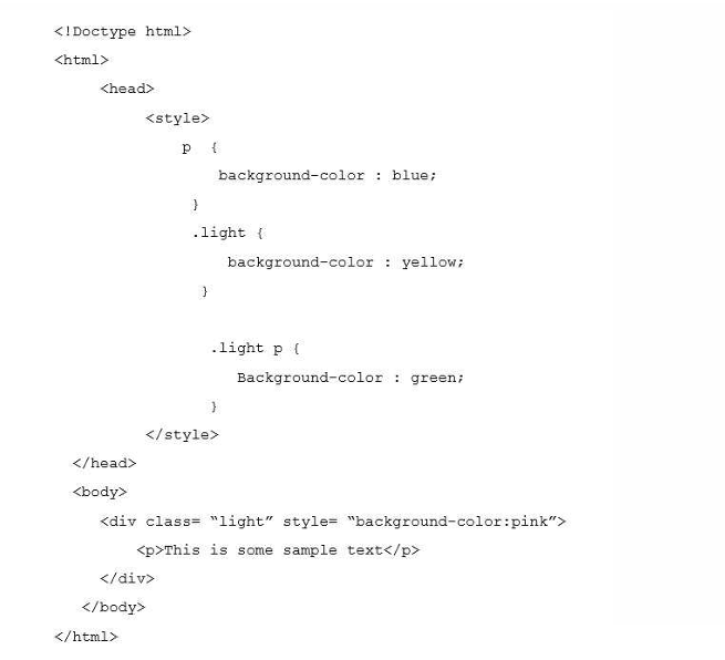 <p>What is the resulting background color of the paragraph element?</p><p>A. Pink</p><p>B. Blue</p><p>C. Yellow</p><p>D. Green</p>