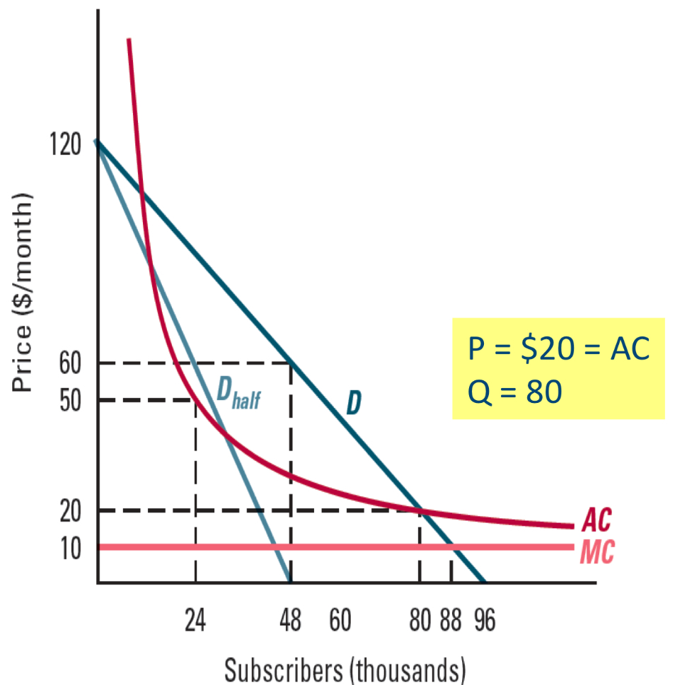 <p>At that price, monopolists break even: it has 80000 subscribers at an AC of 20$ per subscriber —> at any lower price, it loses money —> at any higher price, aggregate surplus is not as large as with a price of 20$</p>