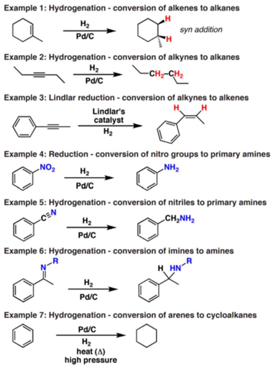 <p>- H2 (hydrogen gas) is used for the reduction of alkenes, alkynes, and many other species with multiple bonds, with catalysts such as Pd/C and Pt.</p>