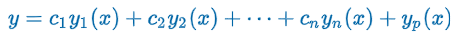 <p>“Let y<sub>p</sub> be any particular solution of the nonhomogeneous linear n<sup>th</sup>-order differential equation on an interval I, and let y<sub>1</sub>, y<sub>2</sub>, …, y<sub>n </sub>be a fundamental set of solutions of the associated homogeneous differential equation on I. Then the general solution of the equation on the interval is <strong><em>y = c<sub>1</sub>y<sub>1</sub>(x) + c<sub>2</sub>y<sub>2</sub>(x) + … + c<sub>n</sub>y<sub>n</sub>(x) + y<sub>p</sub>(x) </em></strong>where the c<sub>i</sub>, i = 1, 2, …, n are arbitrary constants.”</p><p></p><p><strong><em>y = complementary function + any particular solution</em></strong></p><p><strong><em>y = y<sub>c </sub>+ y<sub>p</sub></em></strong></p>