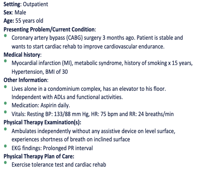 <p>A PT is administering the 6MWT to assess the aerobic capacity of this patient. Which of the following statements regarding the test is MOST ACCURATE?</p><ol><li><p>The PT must walk with the pt to observe SpO2 on the pulse oximeter</p></li><li><p>“Warm-up” or practice test should not be performed immediately before the test</p></li><li><p>The patient is allowed to take rest/breaks with the timer paused</p></li><li><p>The results of this test help to determine the cause of dyspnea</p></li></ol><p></p>