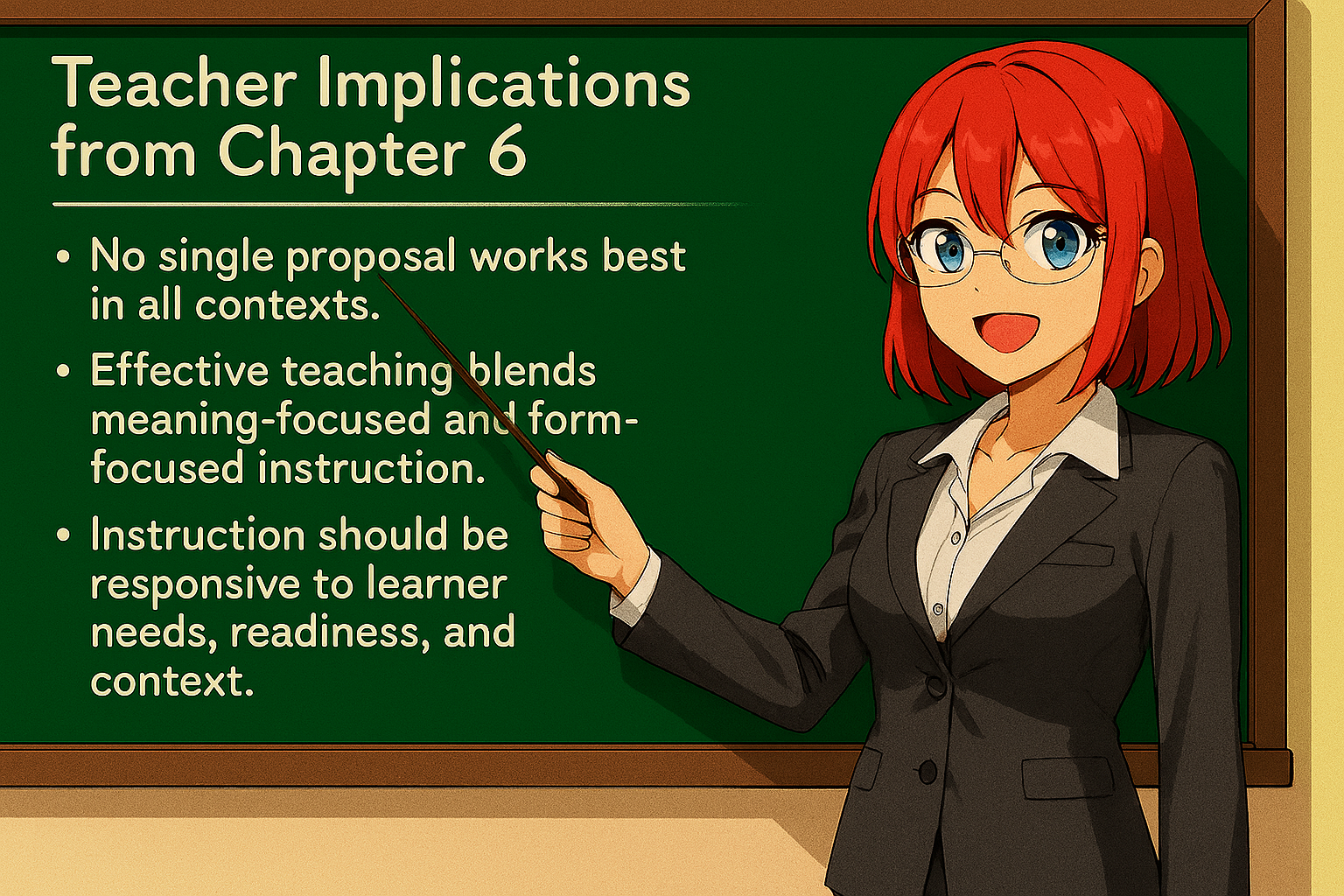 <ul><li><p>No single proposal works best in all contexts.</p></li><li><p>Effective teaching blends meaning‑focused and form‑focused instruction.</p></li><li><p>Instruction should be responsive to learner needs, readiness, and context.</p></li></ul><p></p>