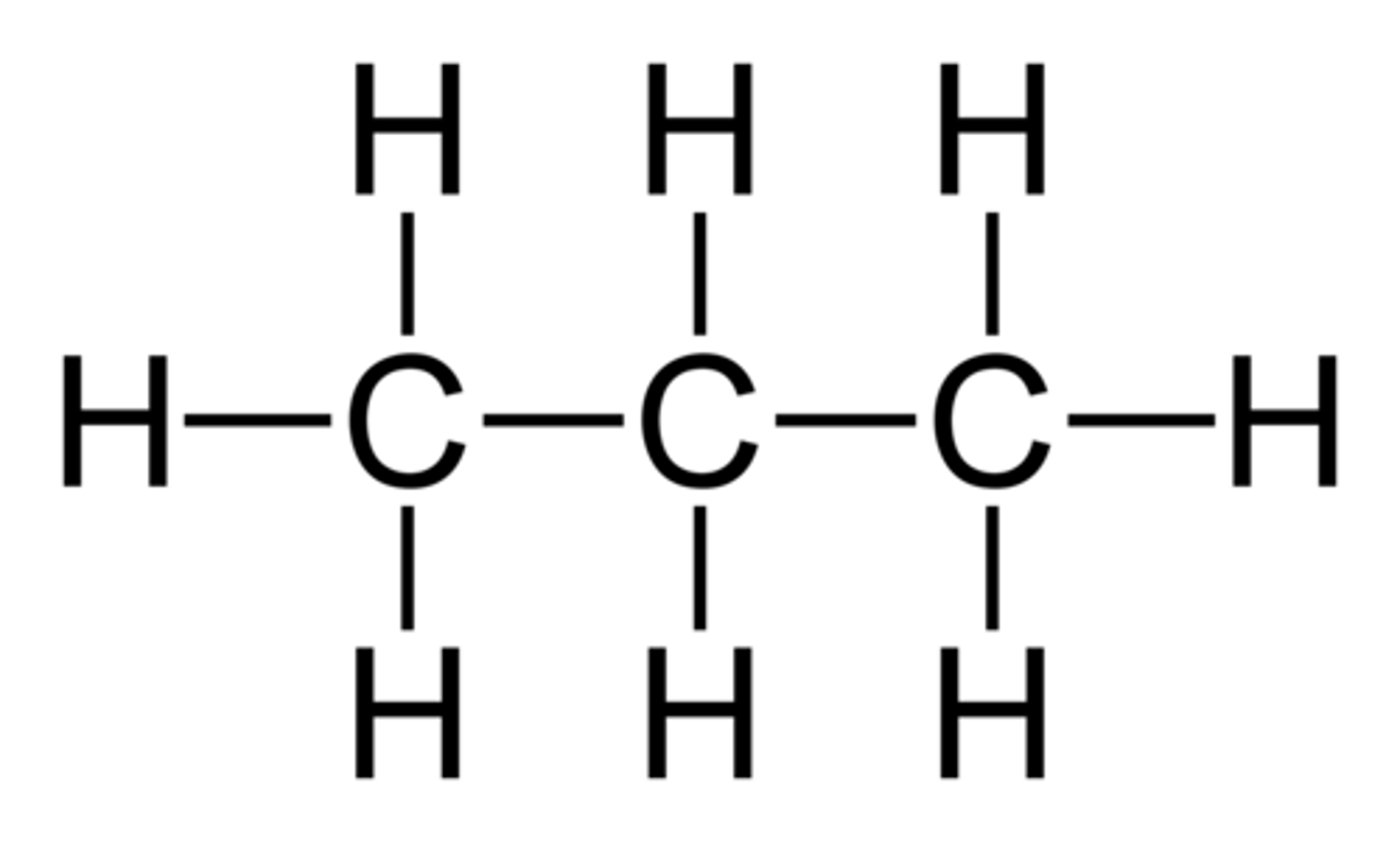 <p>common hydrocarbon with 3 carbons.</p><p>Name from prefix on Table P + "ane" because there are only single bonds present, aka it is an alkane</p>