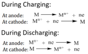 <ol><li><p>Discharging: Oxidation takes place at the anode and reduction takes place at the cathode. The reactions are <span style="color: red;"><span>spontaneous</span></span>. Chemical energy is converted into electrical energy. It acts as a <strong>galvanic cell</strong> during discharge.</p></li><li><p>Charging: Reverse reactions take place. The reverse reactions are <span style="color: red;"><span>non-spontaneous</span></span> reactions. The battery is connected to an external DC power supply. Electrical energy is converted in to chemical energy. During charging it acts as a <strong>electrolytic cell</strong>.</p></li></ol><p></p>