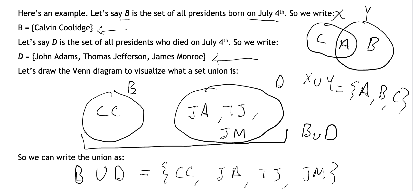 <p><span style="font-family: "Times New Roman", serif">Combining two or more sets’ operations, all things in A or B (<em>inclusive</em>) (<u>the “whole” of two sets is the union)</u></span></p><ul><li><p><span style="font-family: "Times New Roman", serif"><u>“</u>Or” is always inclusive (assumed)</span></p><ul><li><p><span style="font-family: "Times New Roman", serif"><strong>U = union symbo</strong>l&nbsp;</span></p></li></ul></li><li><p><span style="font-family: "Times New Roman", serif">When you take the union of intersecting sets (sets with the same element), you don’t repeat elements </span></p></li></ul><p></p>