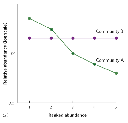 <p>Rank-abundance curves illustrate species richness and species evenness. Both communities have equal species richness. <span style="color: rgb(69, 252, 10);">Community B </span>has higher species evenness than <span style="color: rgb(141, 9, 255);">Community A</span></p><ul><li><p>Length along x-axis: ____</p></li><li><p>Slope of the line: ____</p></li></ul><p></p>