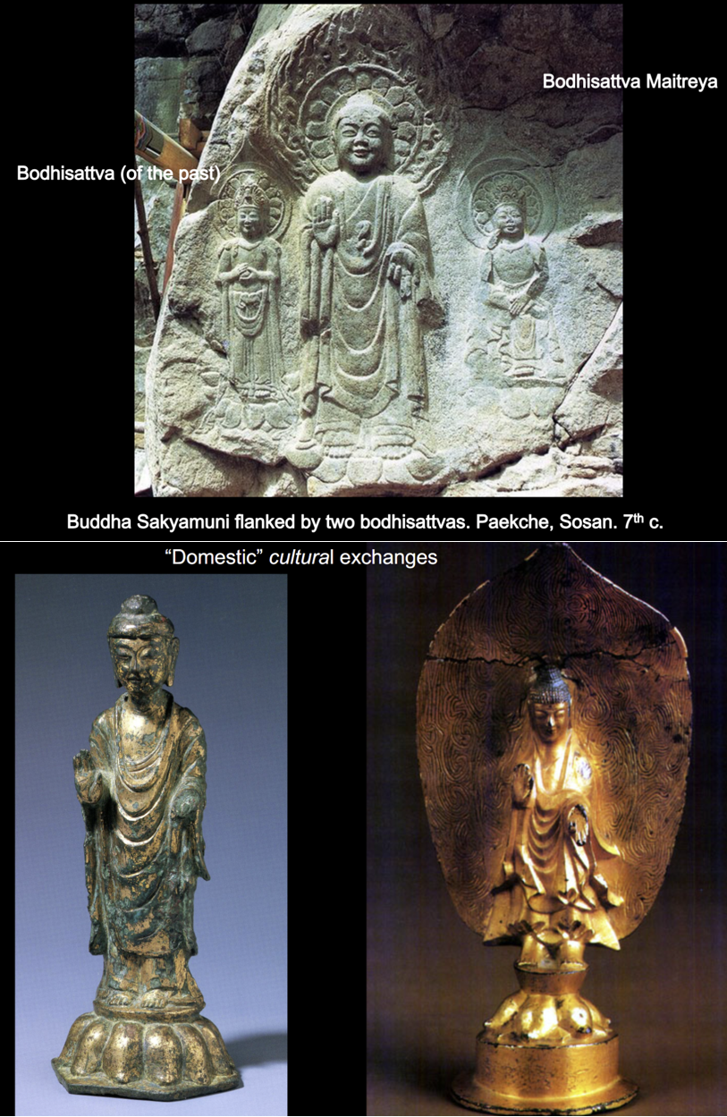 <ul><li><p>Relatively isolated from Chinese influence due to geography</p></li><li><p>Adoption of chinese term&nbsp;“wang” → accepting chinese influences</p></li><li><p>Similar facial expression, naturalistic manner : Domestic exchange with Koguryo&nbsp;</p></li></ul><p></p>
