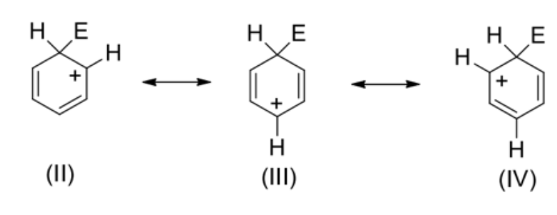 <p><span>NOTE: Benzene loses a proton in the process</span></p><ul><li><p><span>In (I), the organic intermediate, only five orbitals are overlapping and the positive charge is delocalised over five carbon atoms</span></p></li><li><p><span>(I) is a resonance–stabilised carbocation and is a resonance hybrid of (II), (III) and (IV)</span></p></li></ul><p></p>