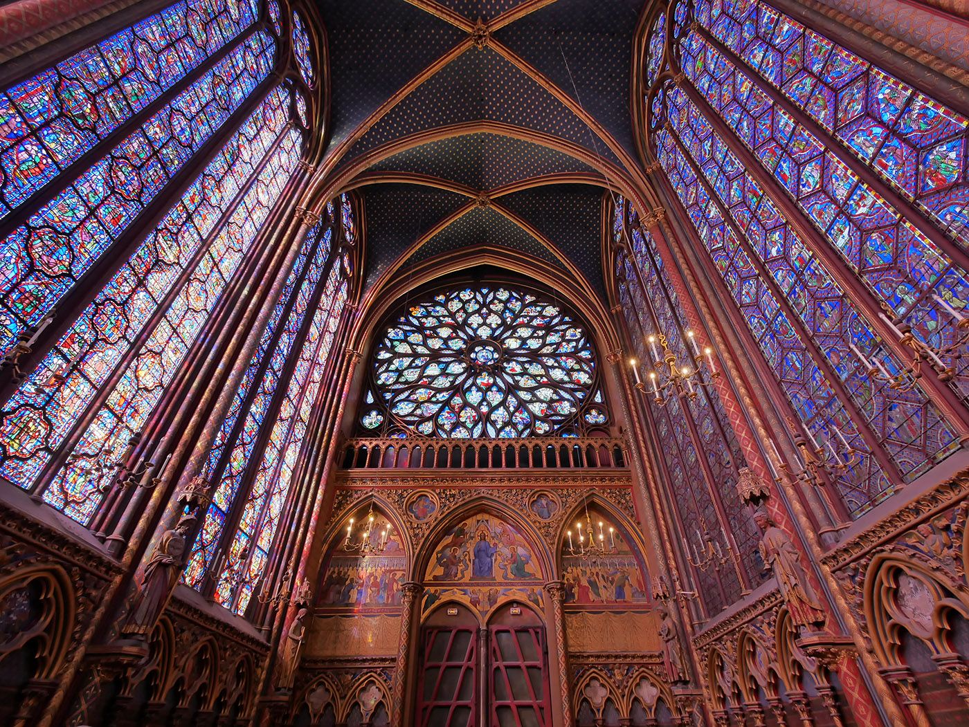 <p>Paris, France, 1242-1248, a royal chapel attached to a palace that is very small but very advanced. Bottom floor was for common people with barely any windows but lots of color, and upper floor was for the royals that had lots of windows and tall walls. Used tracery and gargoyles. Gothic.</p>