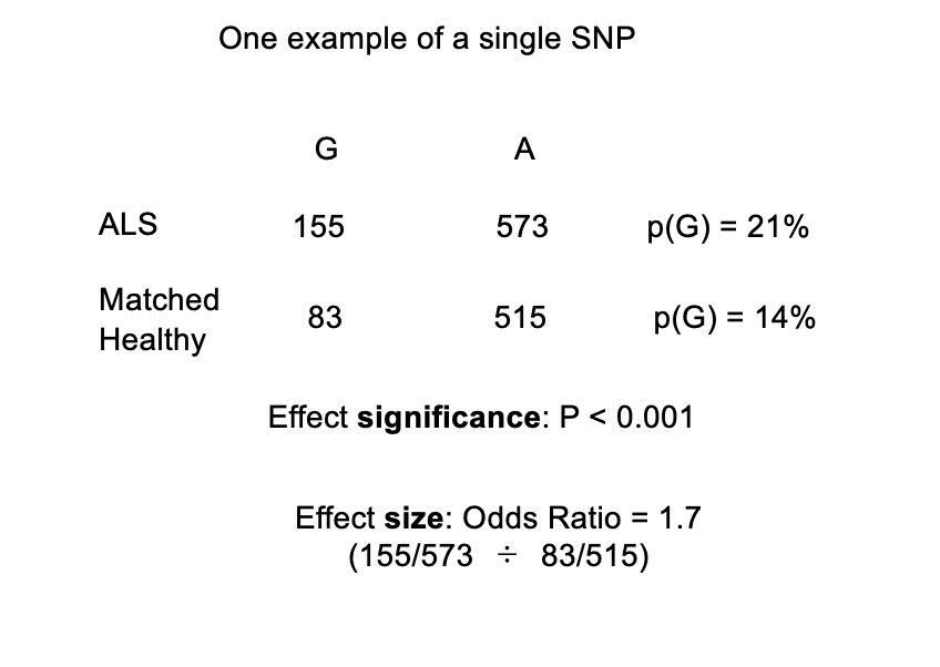 <ul><li><p>powerful way to compare the relative risk for ALS conferred by the G allele</p></li></ul><p><strong>Odds Ratio = (155/573 ÷ 83/515) = 1.7</strong></p><p></p>