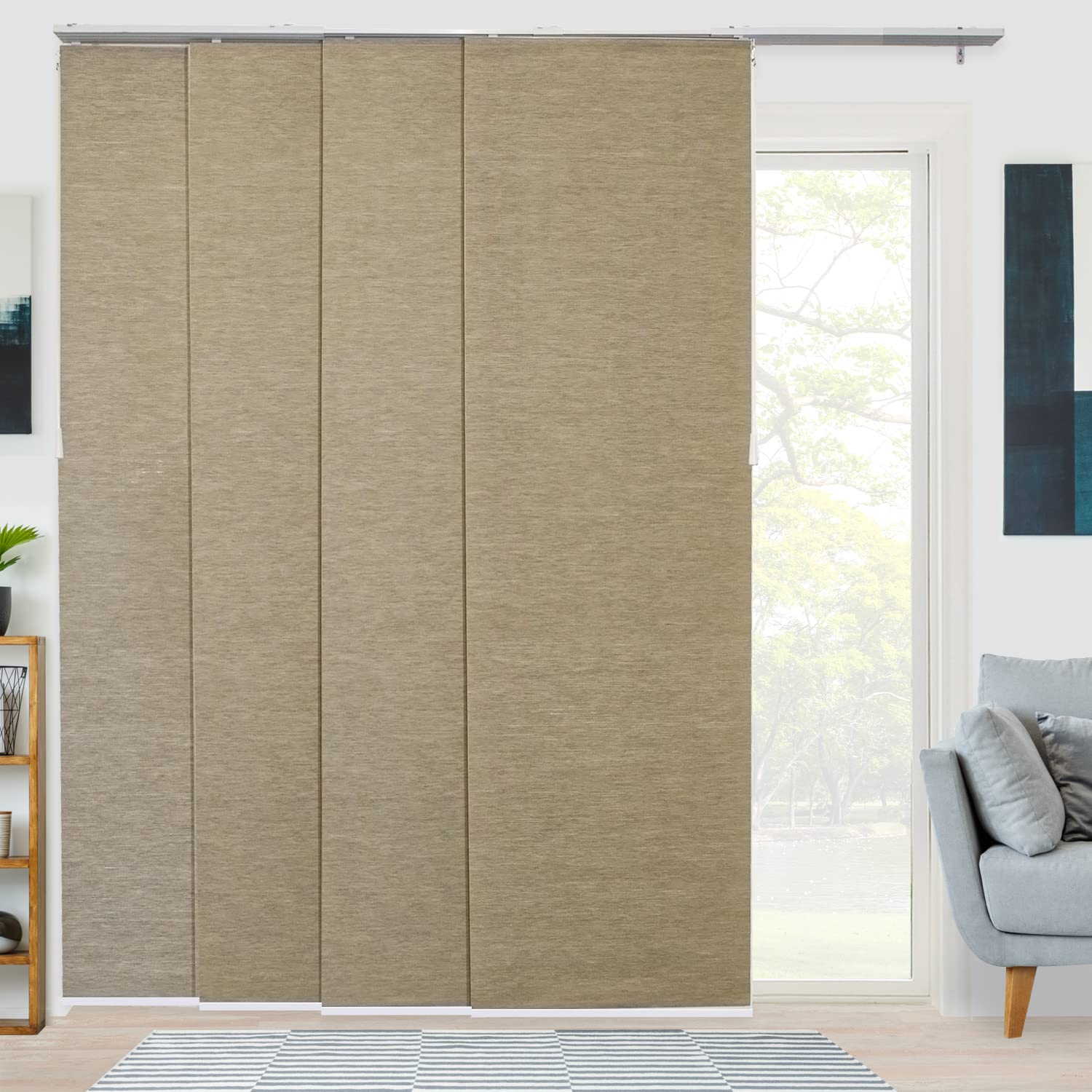 <ul><li><p>also called panel track blinds </p></li><li><p>mounted on the wall or ceiling </p></li><li><p>large fabric panels that slide back and forth on track easy operation </p></li><li><p>ability to stack completely clear of the door or window </p></li></ul><p></p>