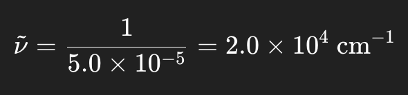 <p></p><ol><li><p>Convert <strong>nm → cm</strong></p></li></ol><p><span>1&nbsp;nm=1×10−7&nbsp;cm</span></p><ol start="2"><li><p>Take the reciprocal</p></li></ol><p><strong>Example:</strong><br>500 nm →<br><span>500×10^−7=5.0×10^−5cm </span></p><p></p><p></p>