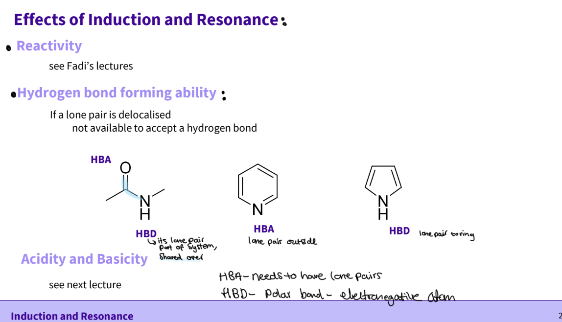 <ul><li><p>reactivity </p></li><li><p>hydrogen bond forming ability </p></li><li><p>acidity and basicity </p></li></ul><p></p>