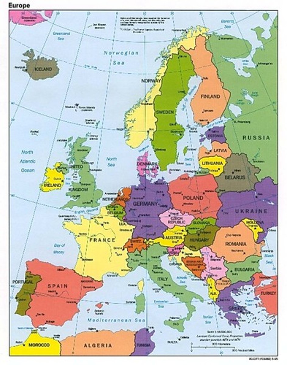 <p>European countries such as England, France, Spain, and Portugal; the border between Romance and Germanic languages that runs trough Belgium, France, Switzerland, and Italy</p>