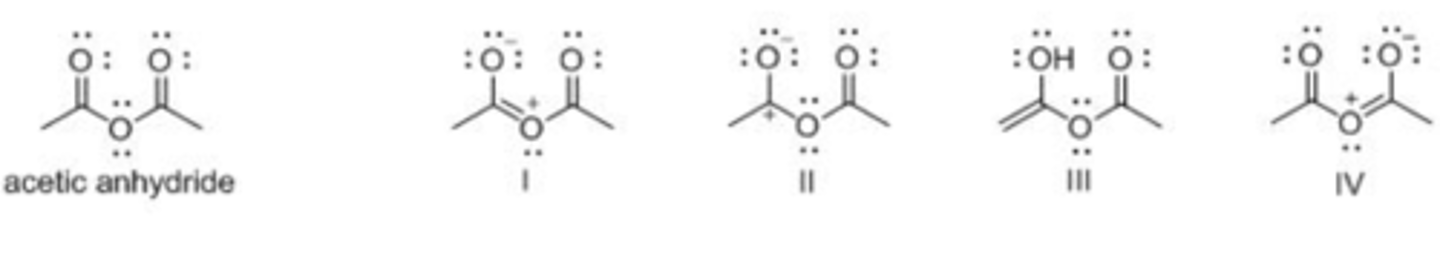 <p>Which of the following is not a resonance structure of acetic anhydride?</p><p>A. I</p><p>B. II</p><p>C. III</p><p>D. IV</p>