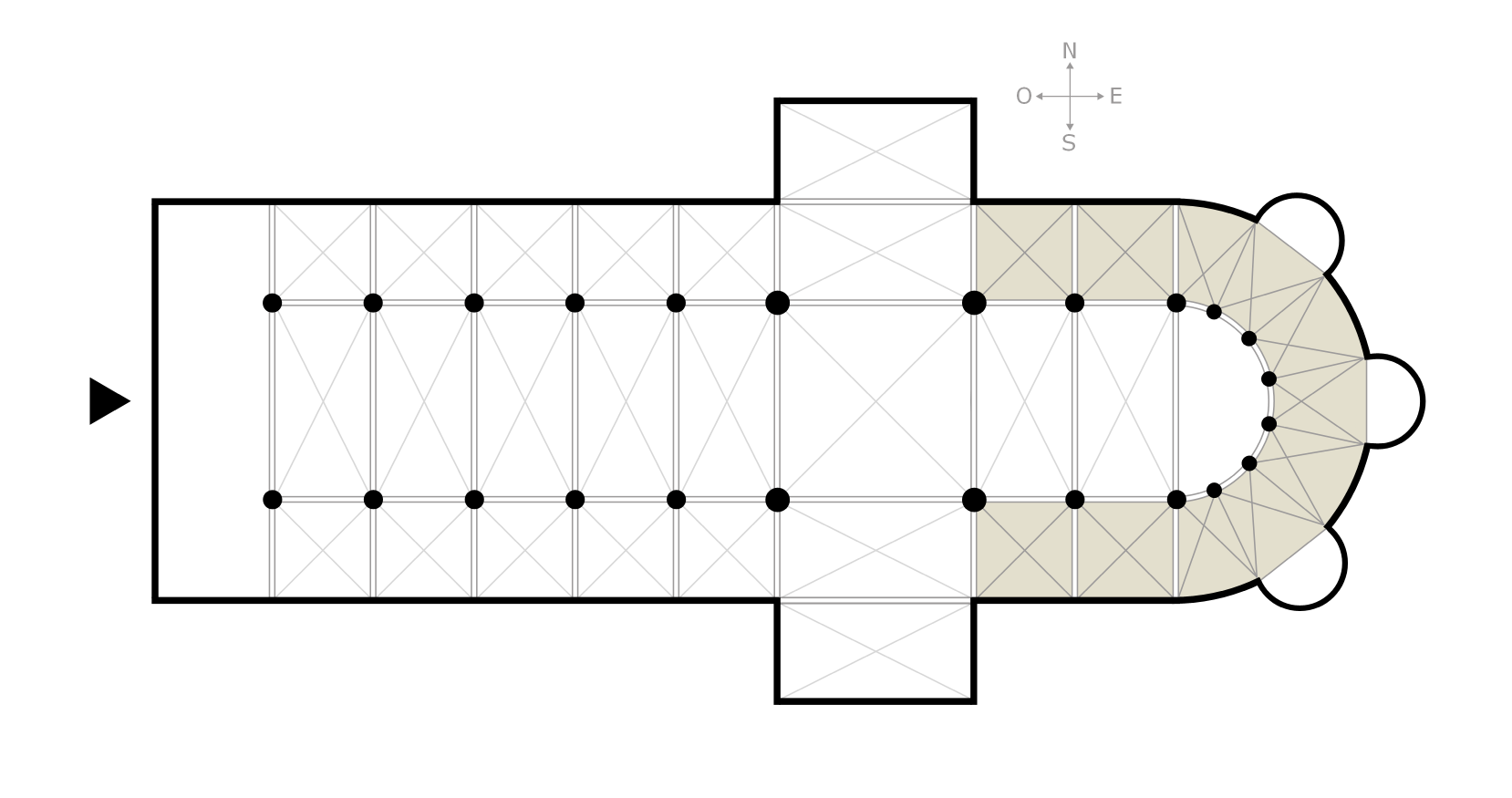 <p>The covered passage around a cloister or the processional way around the east end of a cathedral or large church and behind the high altar</p>