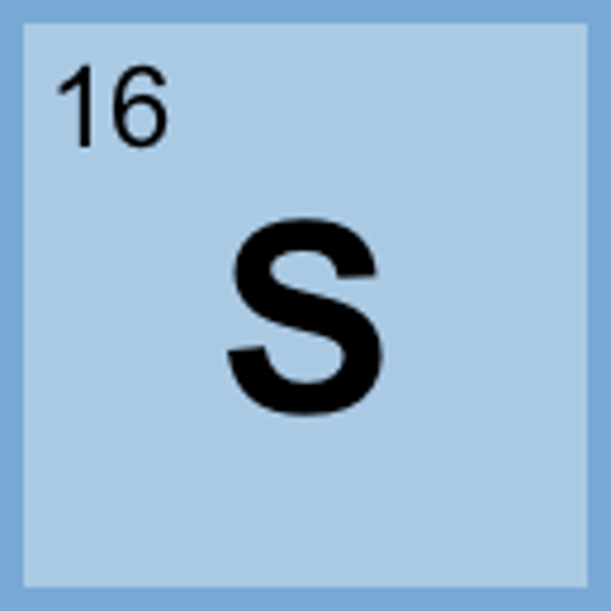 <p>Symbol: S<br>Atomic Mass: 32.07<br>Atomic Number: 16</p>