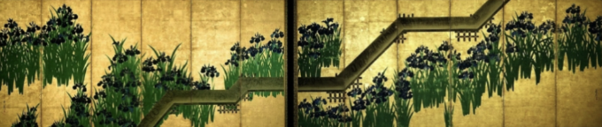 <p>Ogata Kōrin, Irises at 8 Bridges, ca. 1710. Pair of six-panel folding screens; ink and color on gold leaf on paper. NOTES</p>