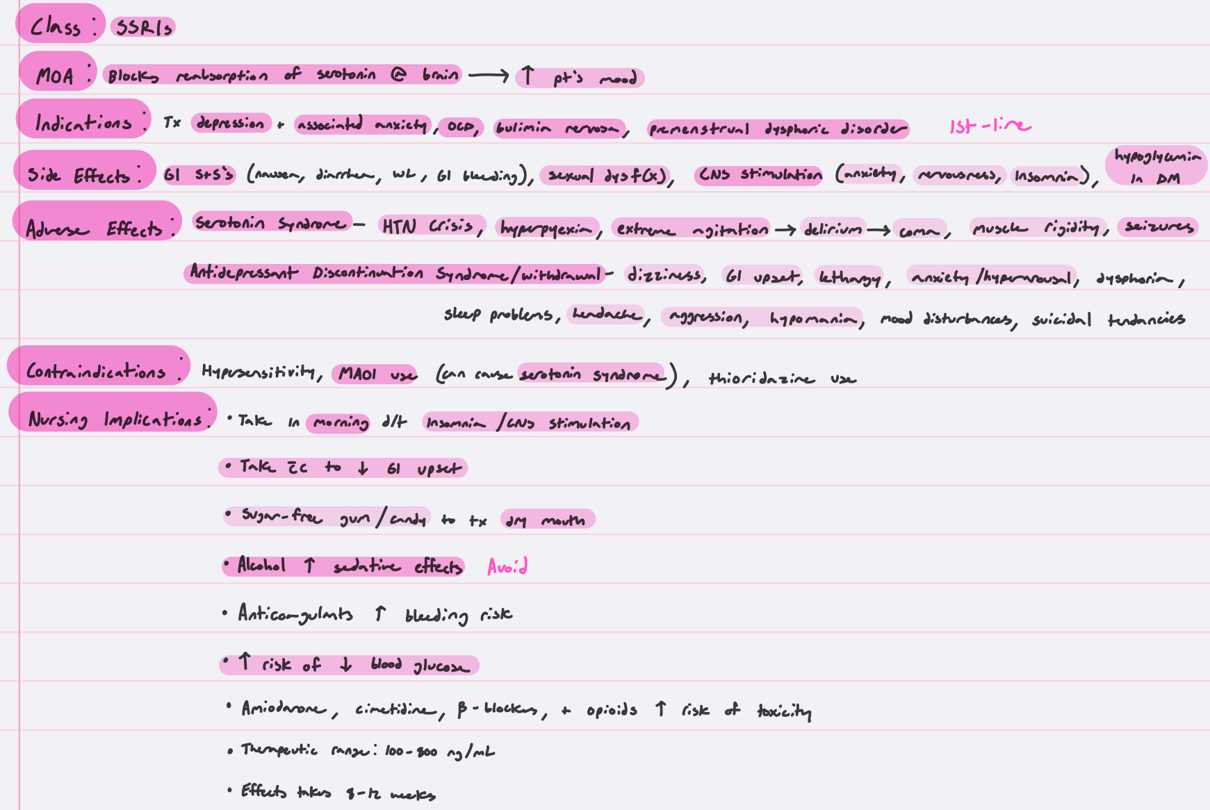 <p>Sexual dysfunction and insomnia</p><p>Boxed warning: Suicide ideation increases in ages 18-25</p><p>Serotonin syndrome: delirium, hyperpyria, HTN crisis, diaphoresis, hyperreflexia</p><p>Antidepressant Discontinuation Syndrome/Withdrawal: Dizziness, headache, nausea, sensory disturbances, tremor, anxiety, dysphoria </p>