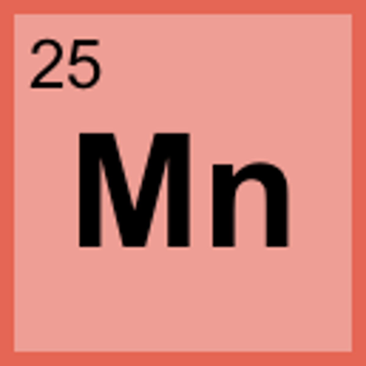 <p>Symbol: Mn<br>Atomic Mass: 54.94<br>Atomic Number: 25</p>