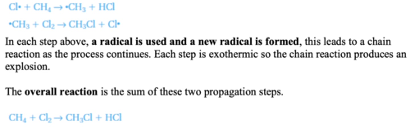 <p>In each step above, a radical is used and a new radical is formed, this leads to a chain</p><p>reaction as the process continues. Each step is exothermic so the chain reaction produces an</p><p>explosion.</p><p>The overall reaction is the sum of these two propagation steps.</p>